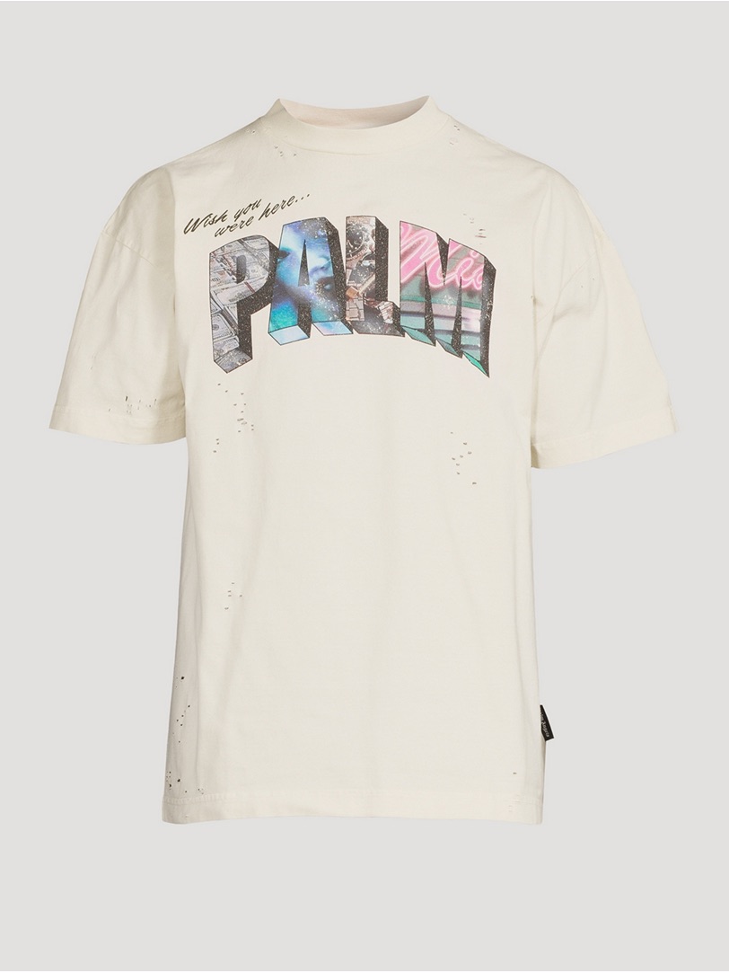 Palm Angels Cream Graphic Short Sleeve Tee With Multicolor Logo